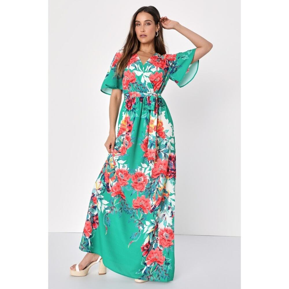 Lulus Still In Paradise Green Floral Print Wrap Maxi Dress